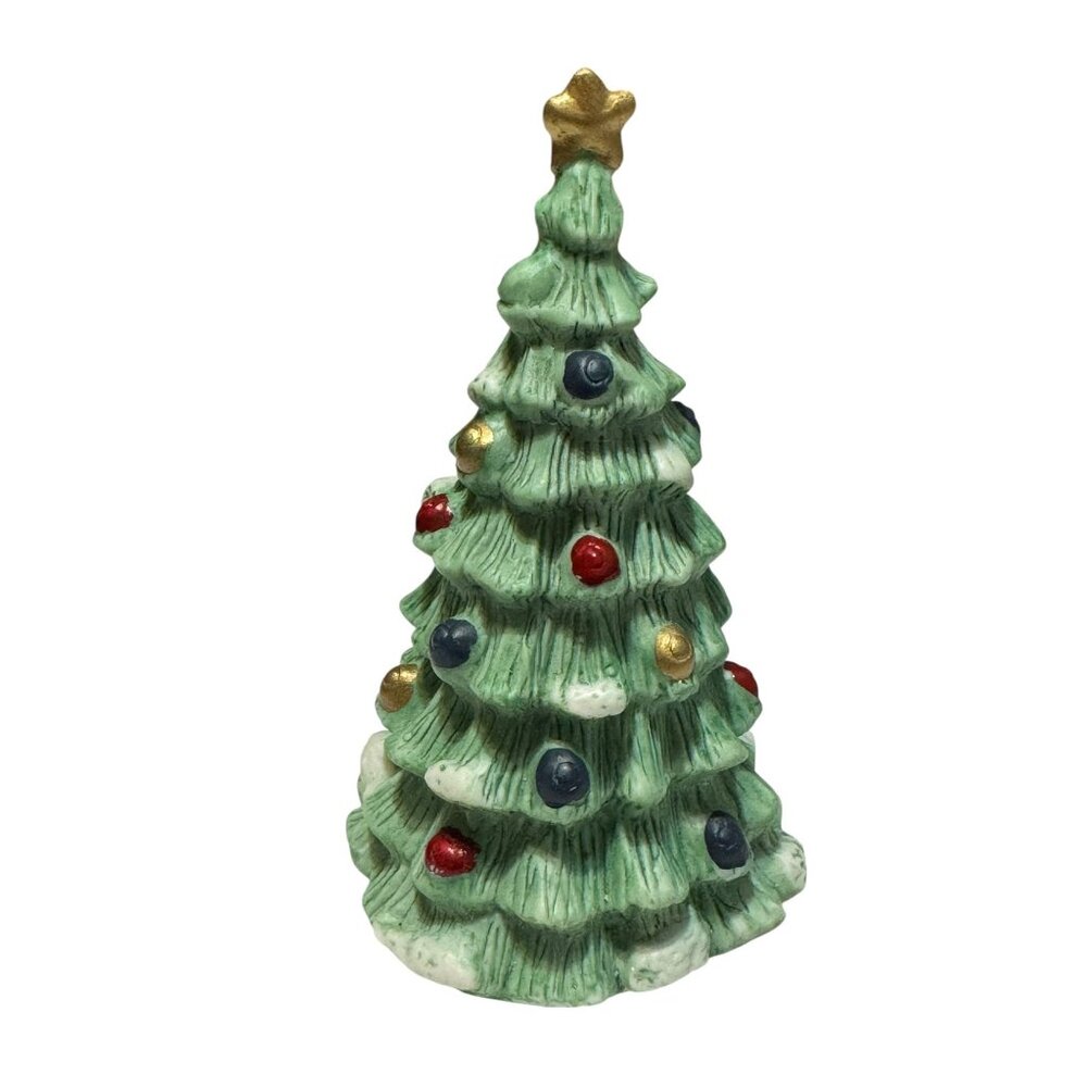 Porcelain Spruce Tree Figurine With Multicolor Ornaments & Star Topper